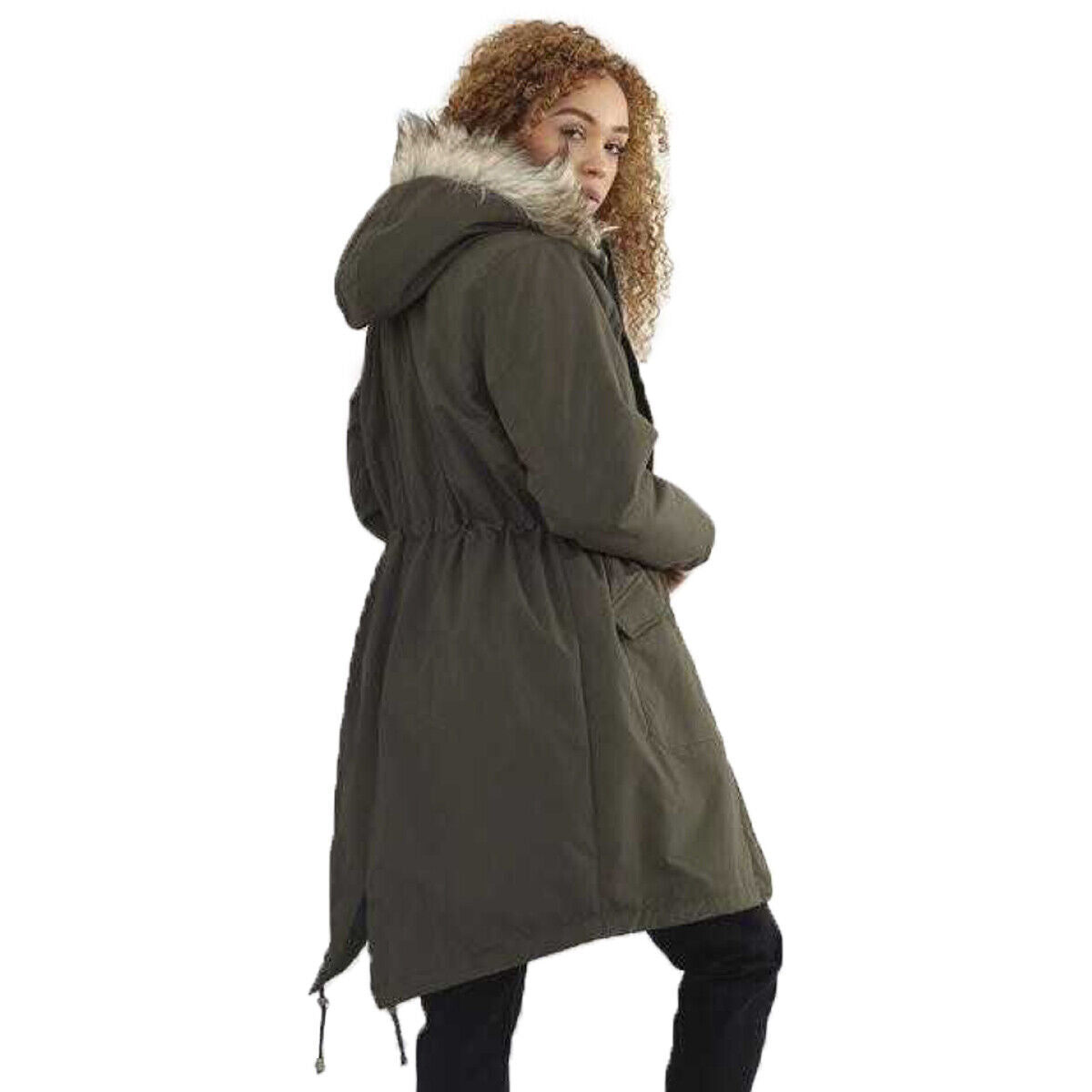 Ladies Brave Soul Charlotte Fishtail Parka Long Coat with Faux Fur Trimmed Hood