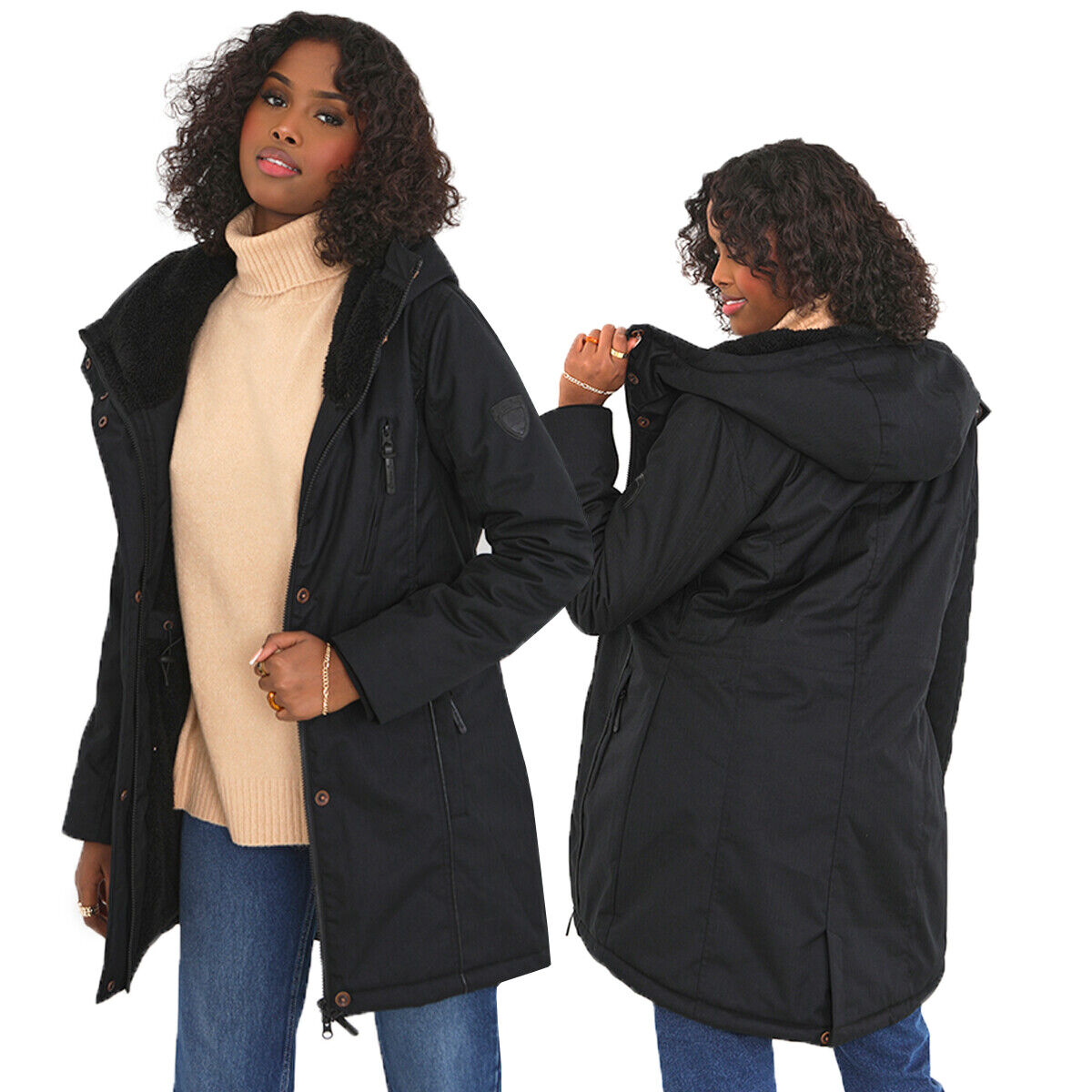 Womens Vicky Fishtail Placket Detailed Fur Lined Parka Long Coat G5 Apparel