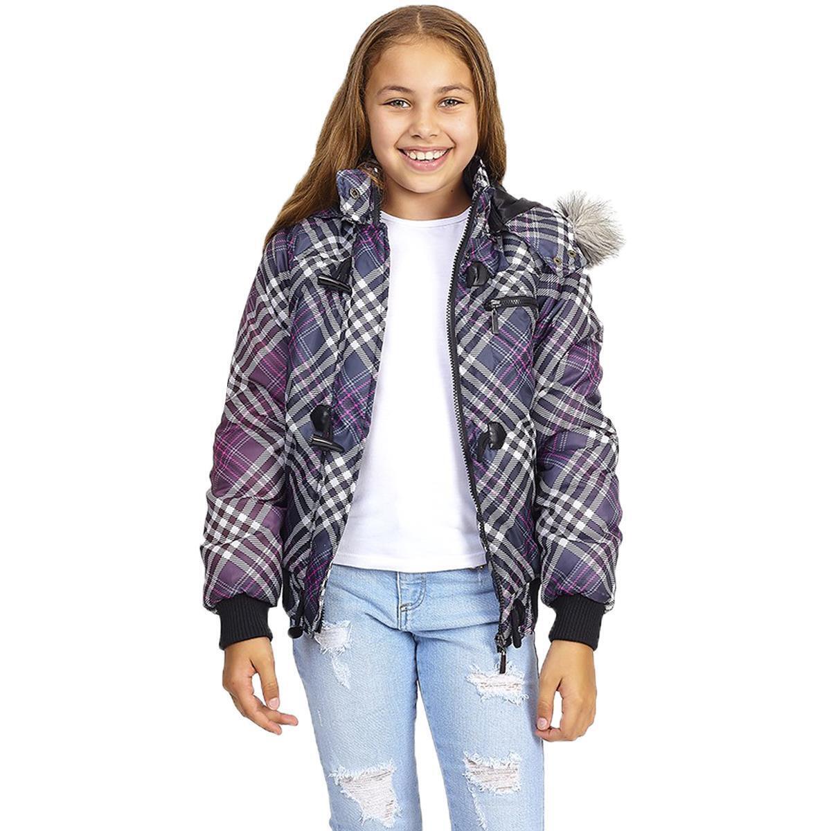 Brave Soul Marley Girls Checked Faux Fur Trim Hood Warm Padded Bomber Jacket