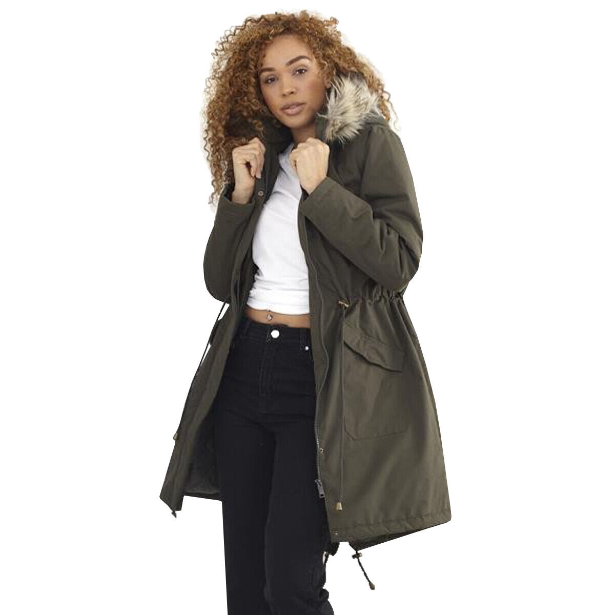 Ladies Brave Soul Charlotte Fishtail Parka Long Coat with Faux Fur Trimmed Hood