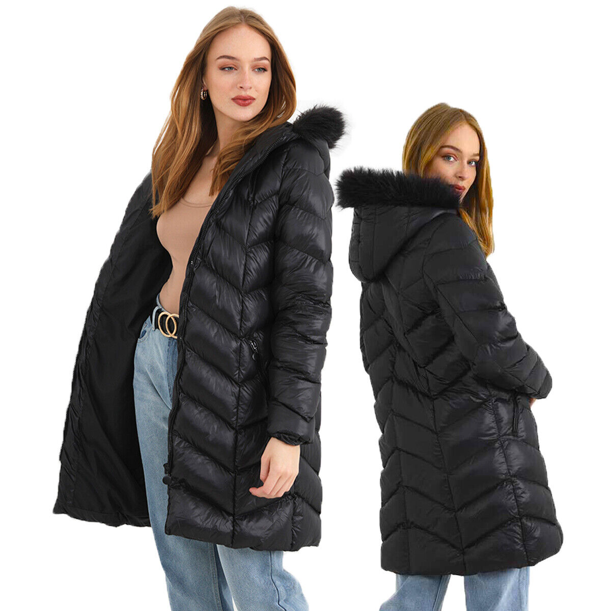 Ladies Brave Soul Charlene Padded Knee Length Coat with Faux Fur Trimmed Hood
