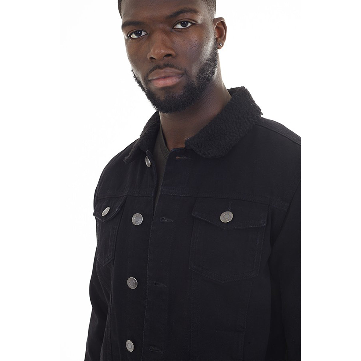 Mens WILBURN Casual Denim Black Jacket with Borg Collar