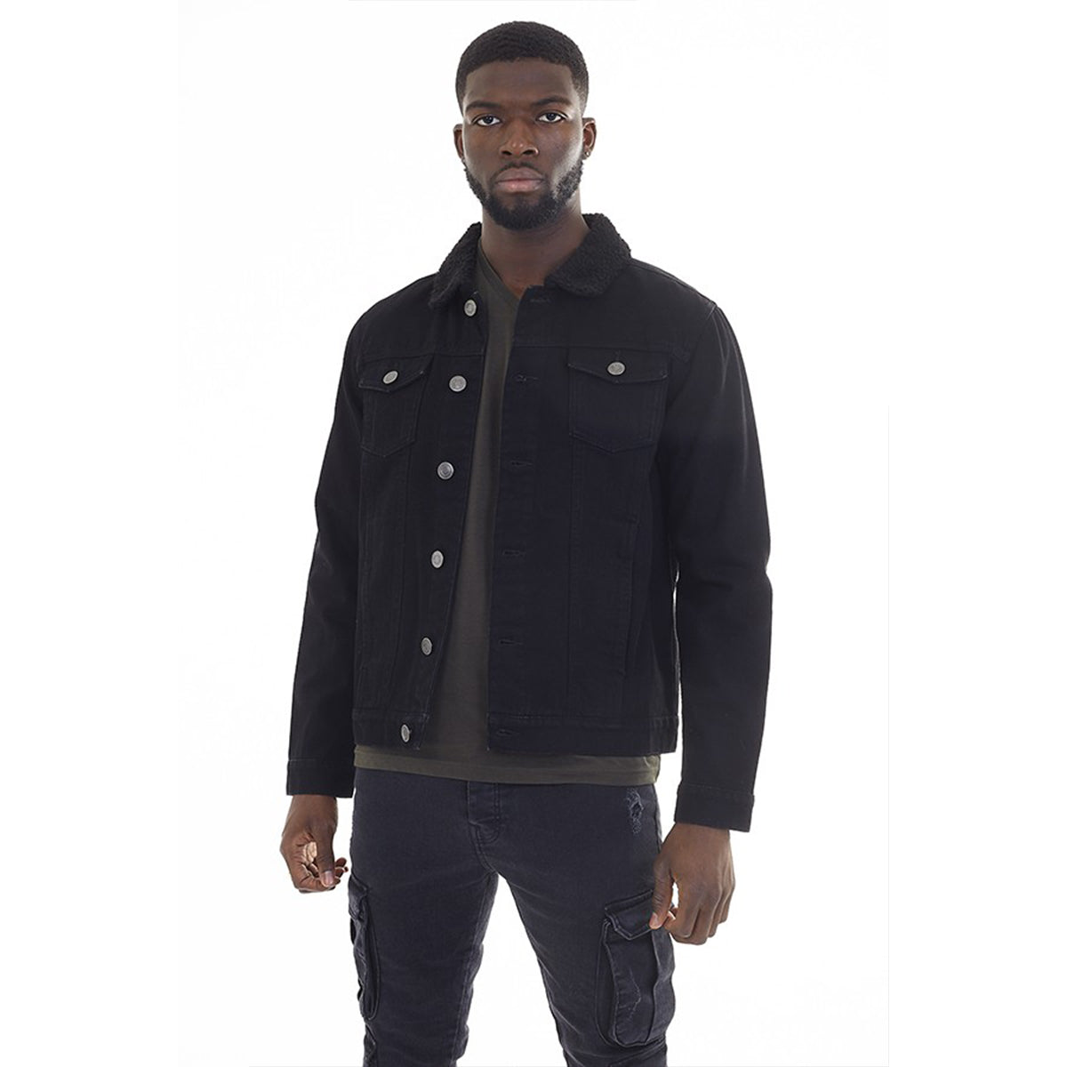 Black denim jacket mens borg best sale