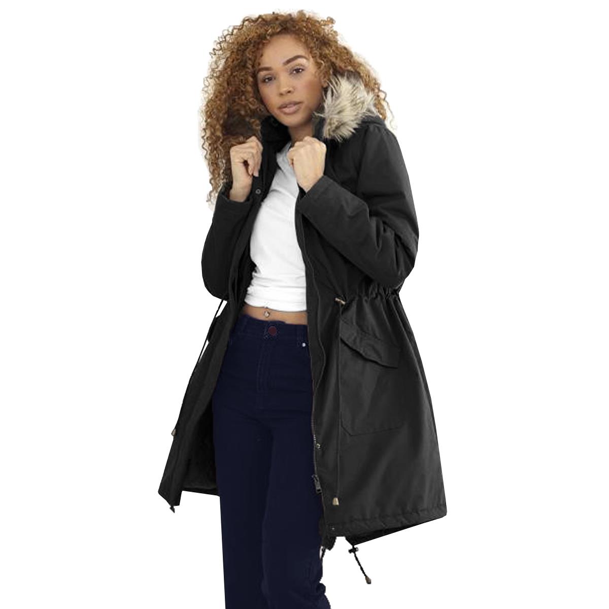 Ladies Brave Soul Charlotte Fishtail Parka Long Coat with Faux Fur Trimmed Hood