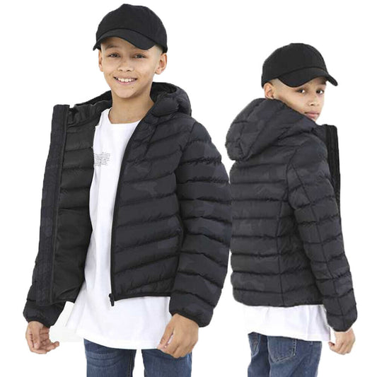 Boys Brave Soul Grant Black Camo Hooded Puffer Padded School Jacket