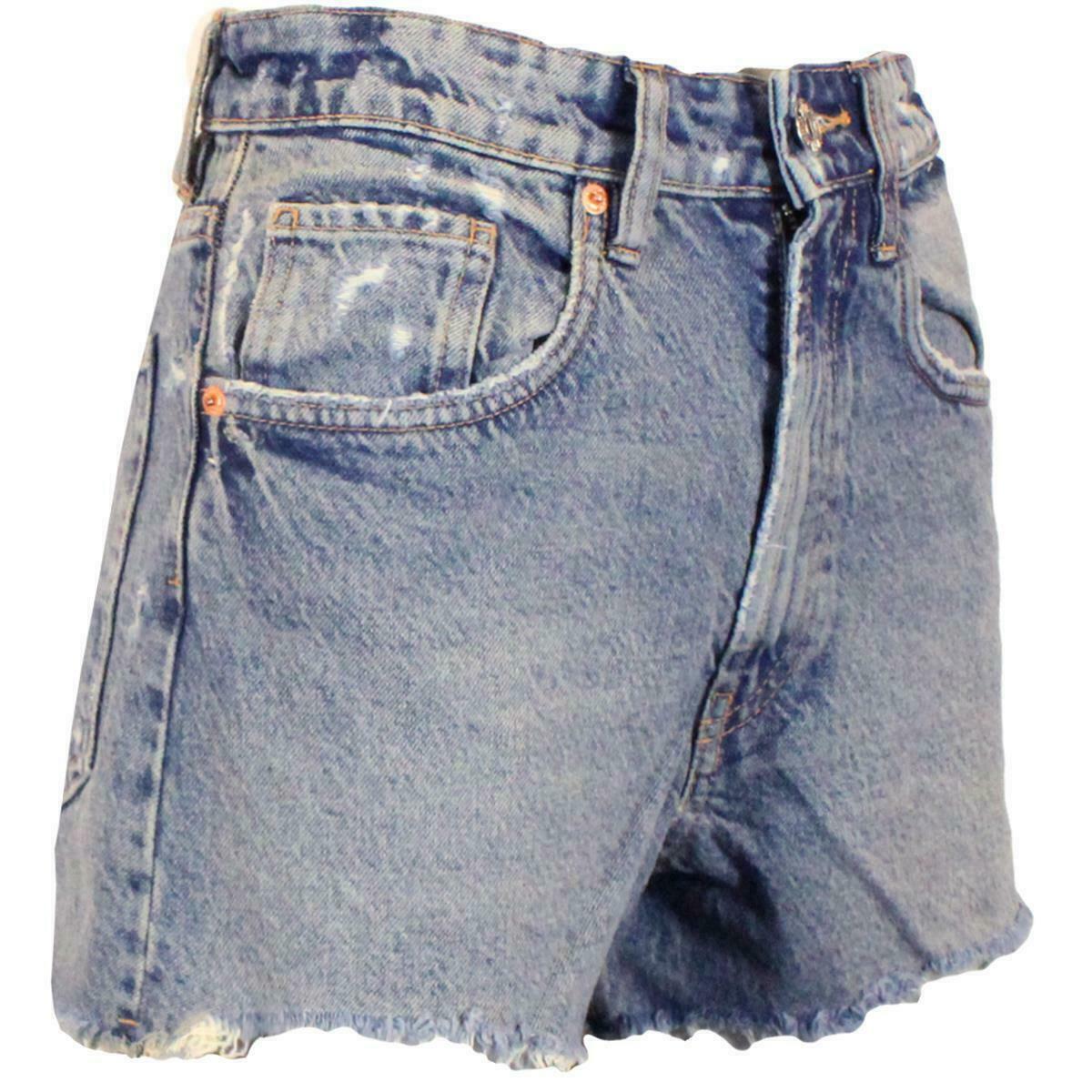 Womens Denim Shorts Hot Pants With Cut  Raw Hem - Mid Wash