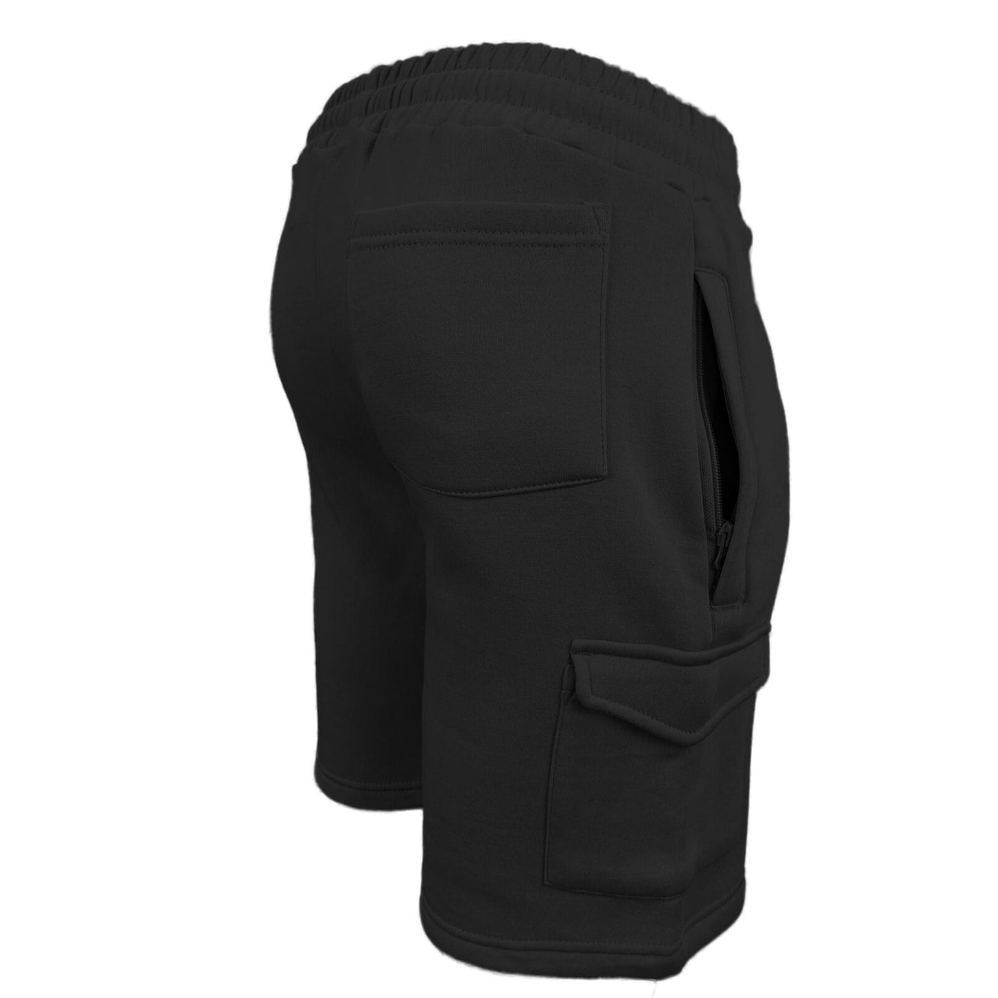 Mens Urban Road Elastic Waist Casual Sports Cargo Fleece Shorts Zip Side Pockets