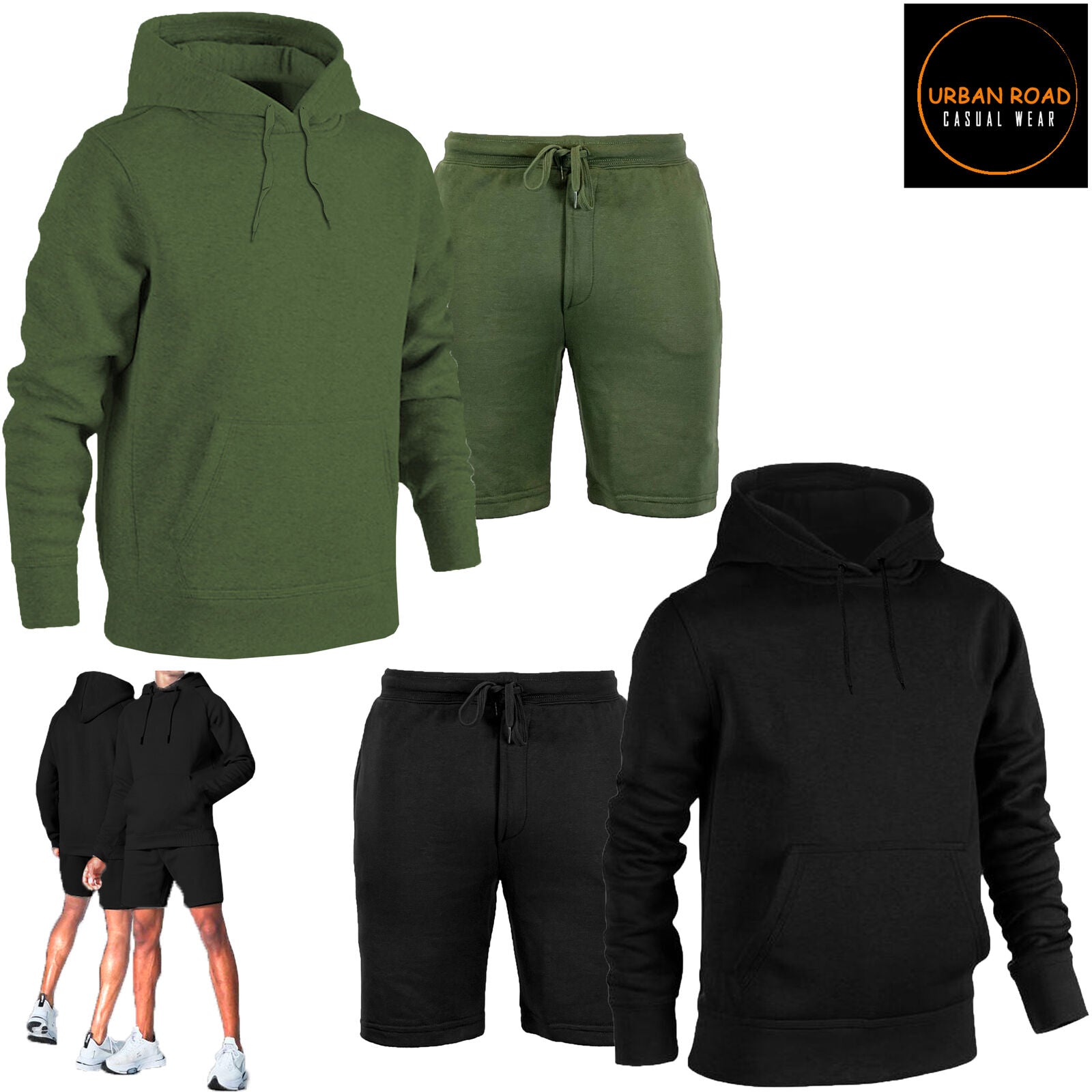 Mens Tracksuit Set French Terry Casual Sport Shorts with Plain Pullover Hoody