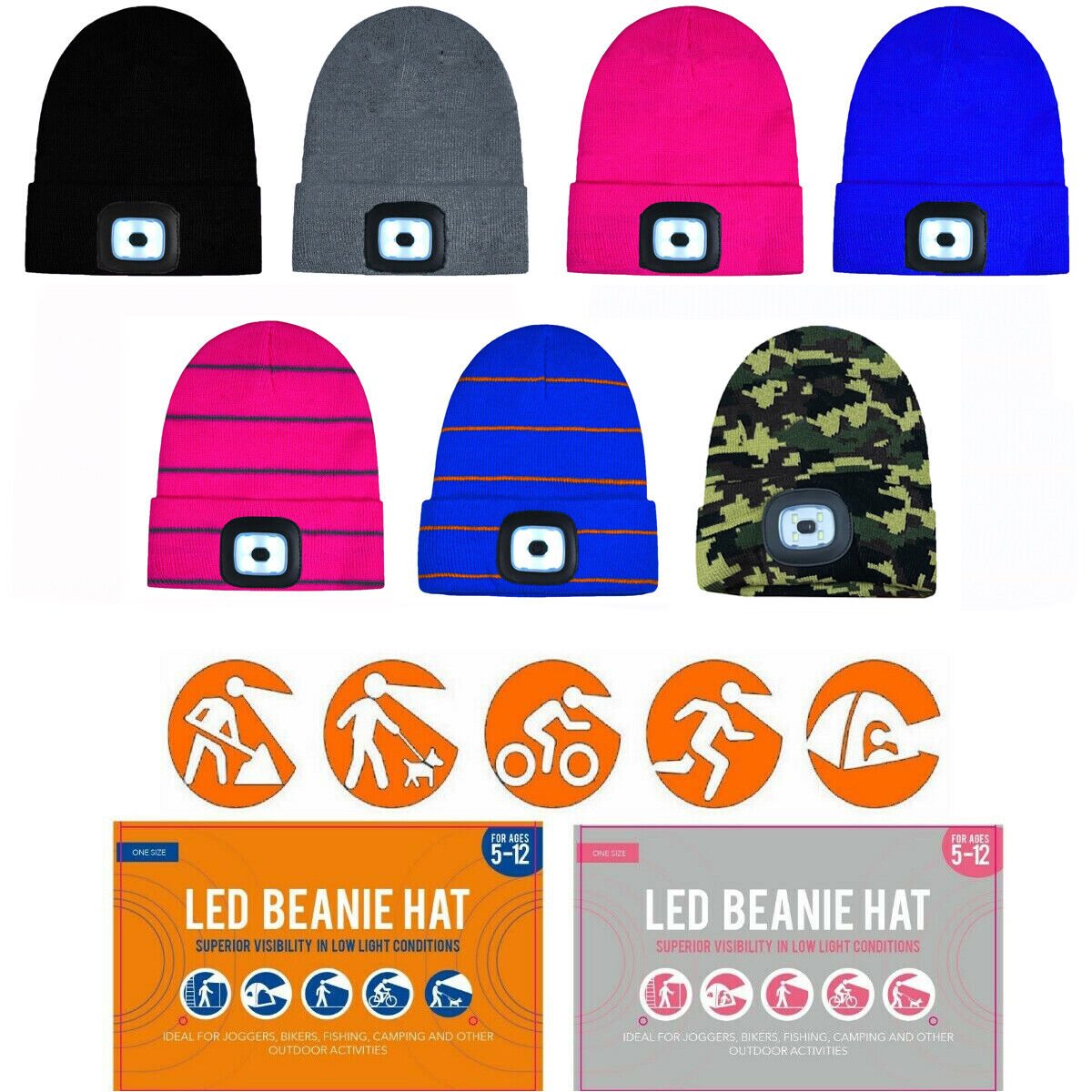 Kids Winter Beanie Hat with Removable LED Lights | Plain & Striped