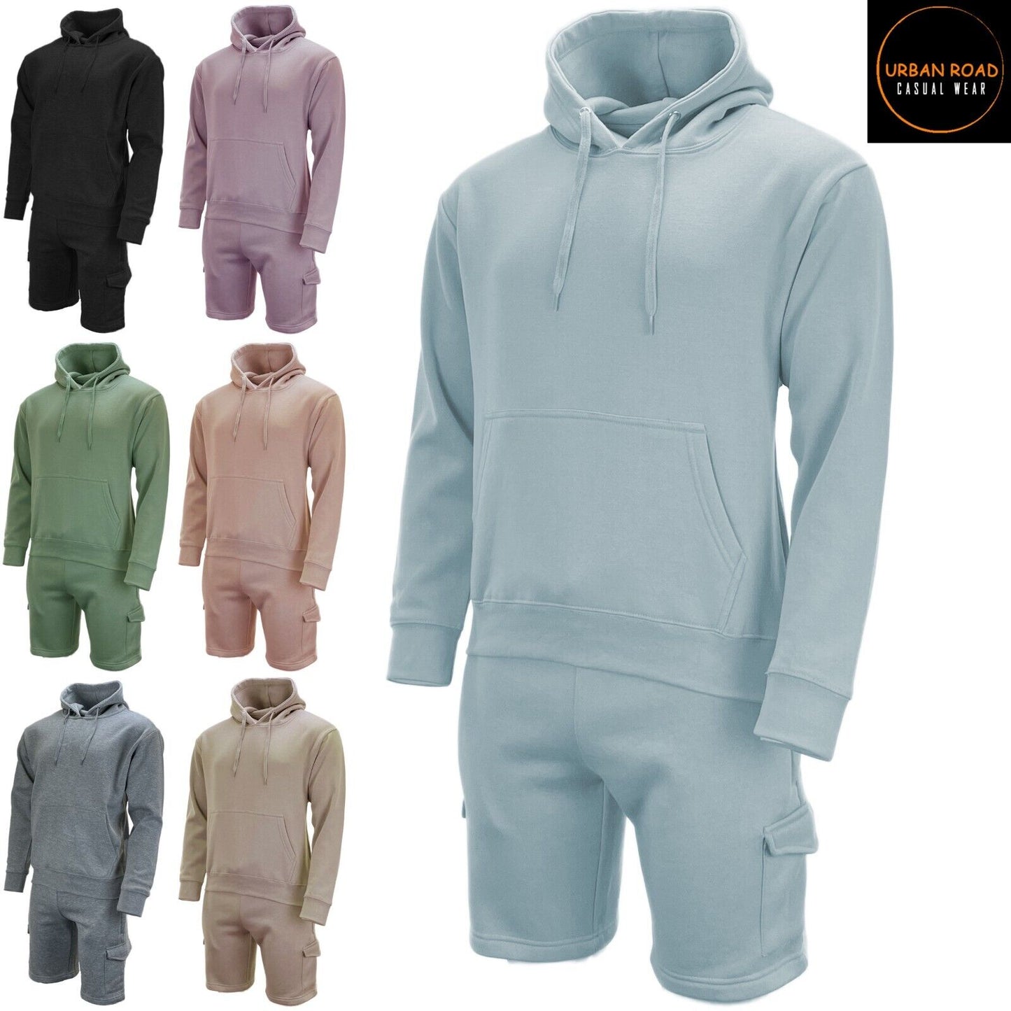 Mens Tracksuit Set Casual Sports Cargo Shorts with Plain Pullover Hoody