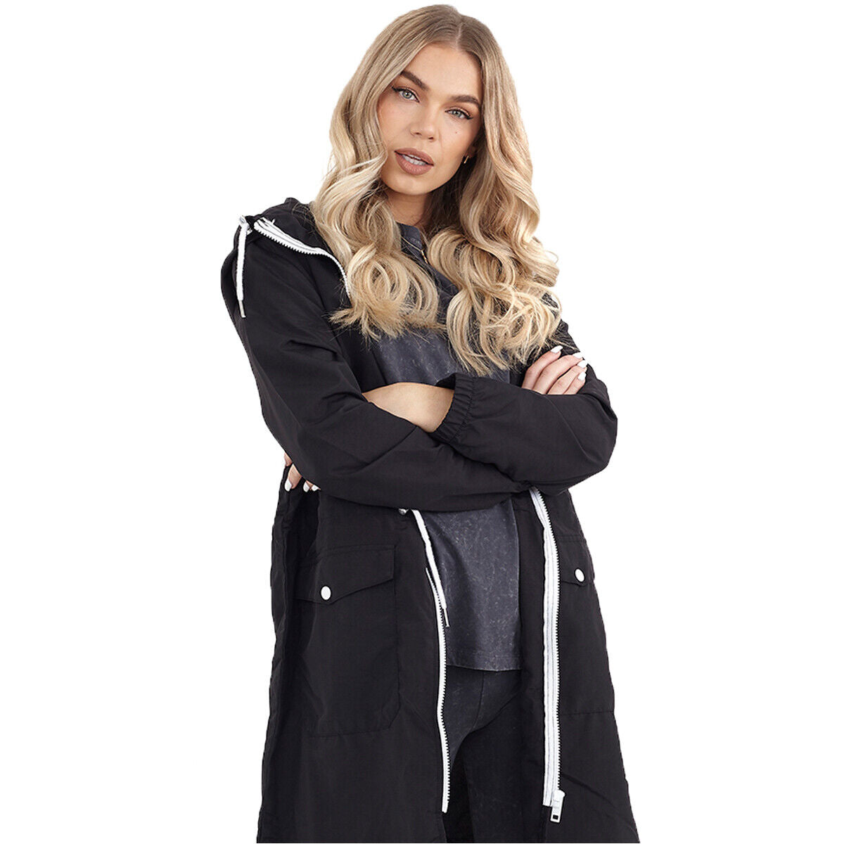 Ladies Brave Soul Devan Lightweight Longline Zip Through Hooded Mac