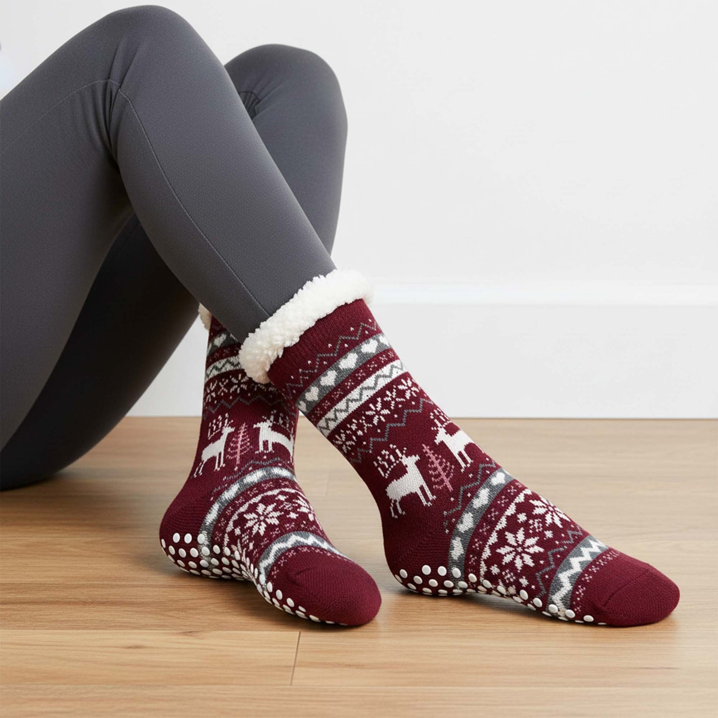 Womens Winter Warm Fur Lined Non-Slip Lounge Socks