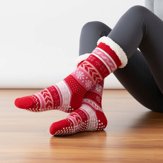 Womens Winter Warm Fur Lined Non-Slip Lounge Socks