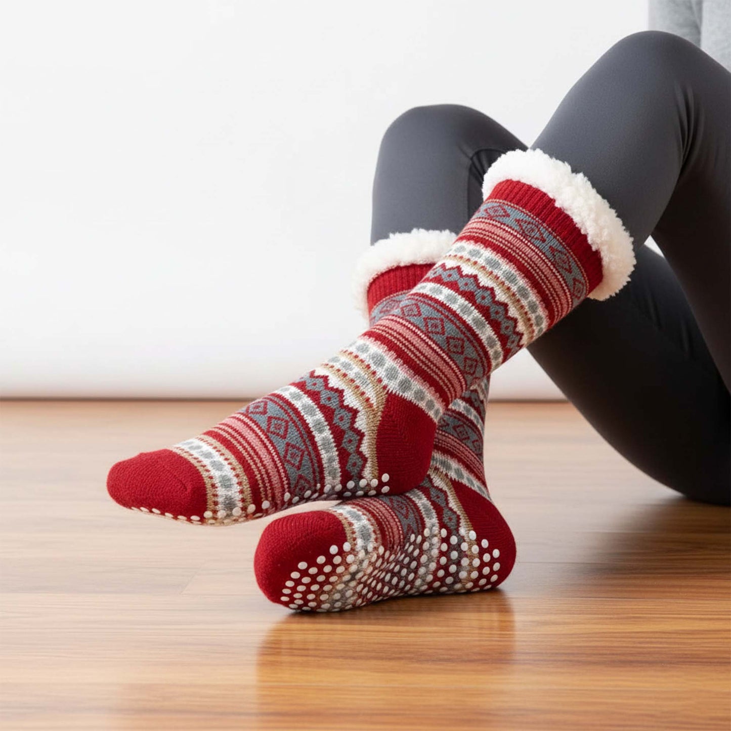 Womens Winter Warm Fur Lined Non-Slip Lounge Socks