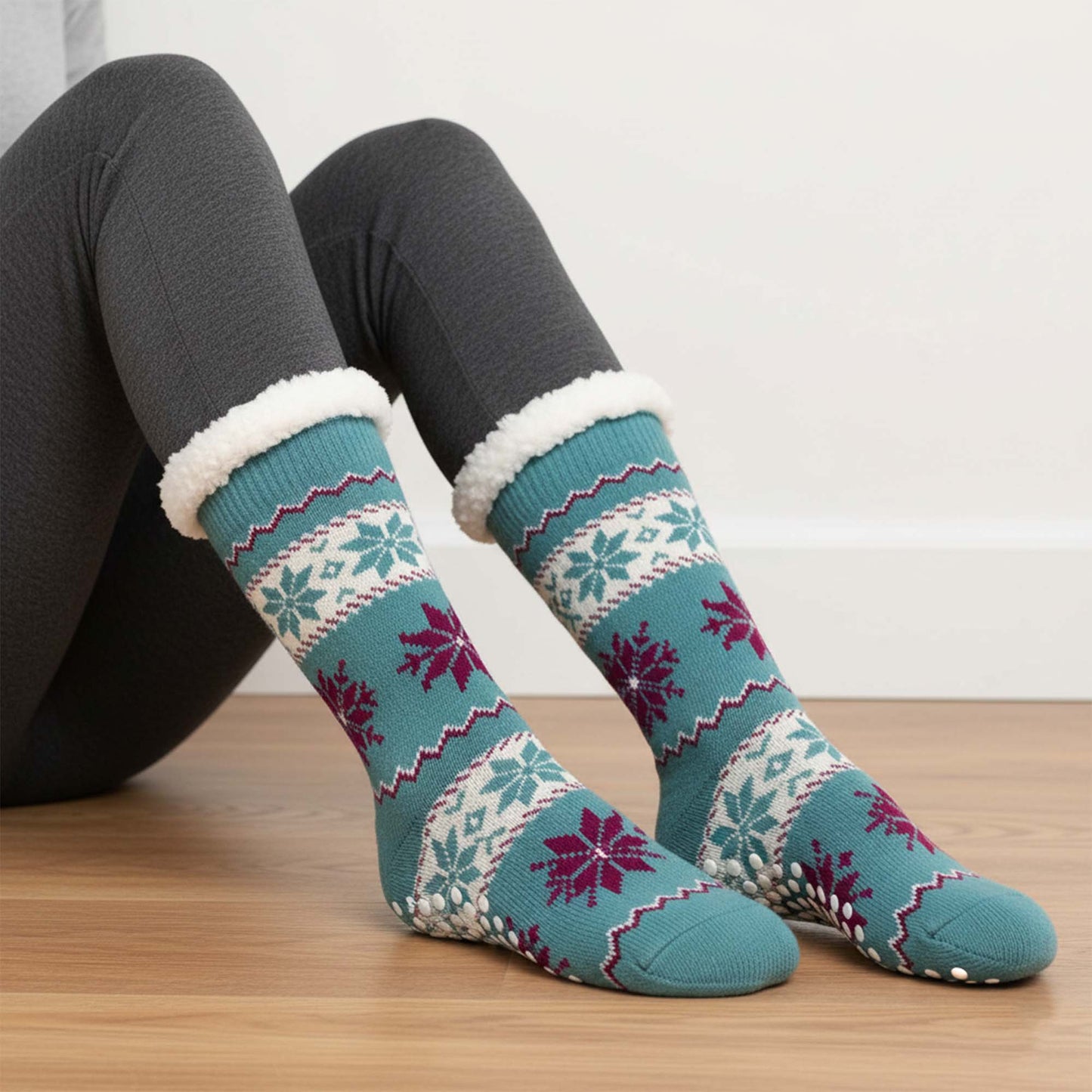 Womens Winter Warm Fur Lined Non-Slip Lounge Socks