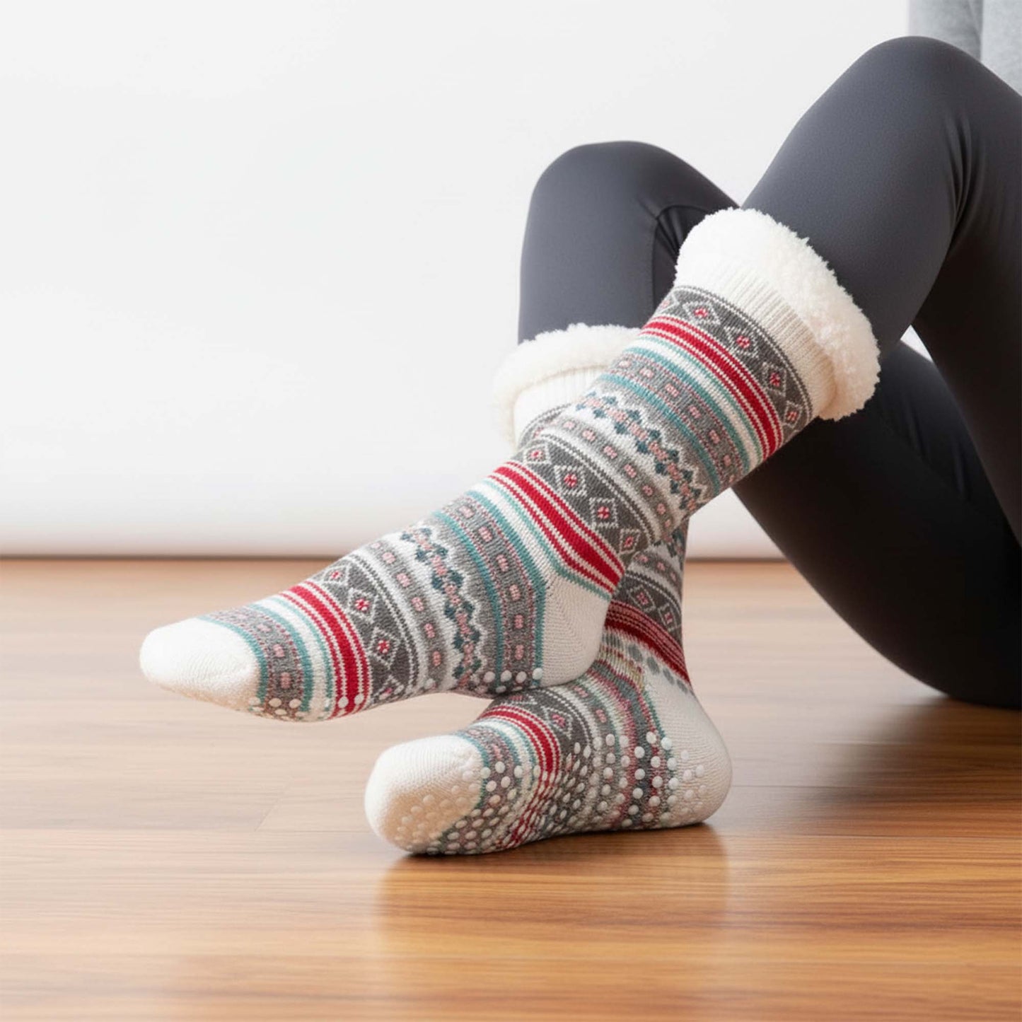 Womens Winter Warm Fur Lined Non-Slip Lounge Socks