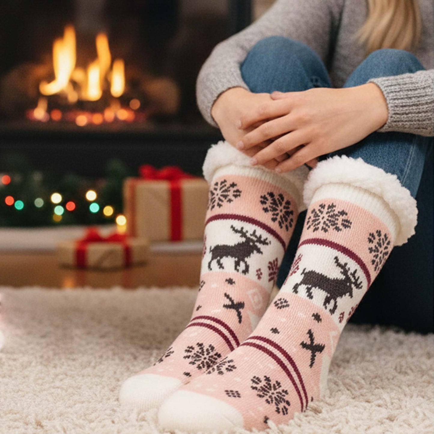 Womens Winter Warm Fur Lined Non-Slip Lounge Socks