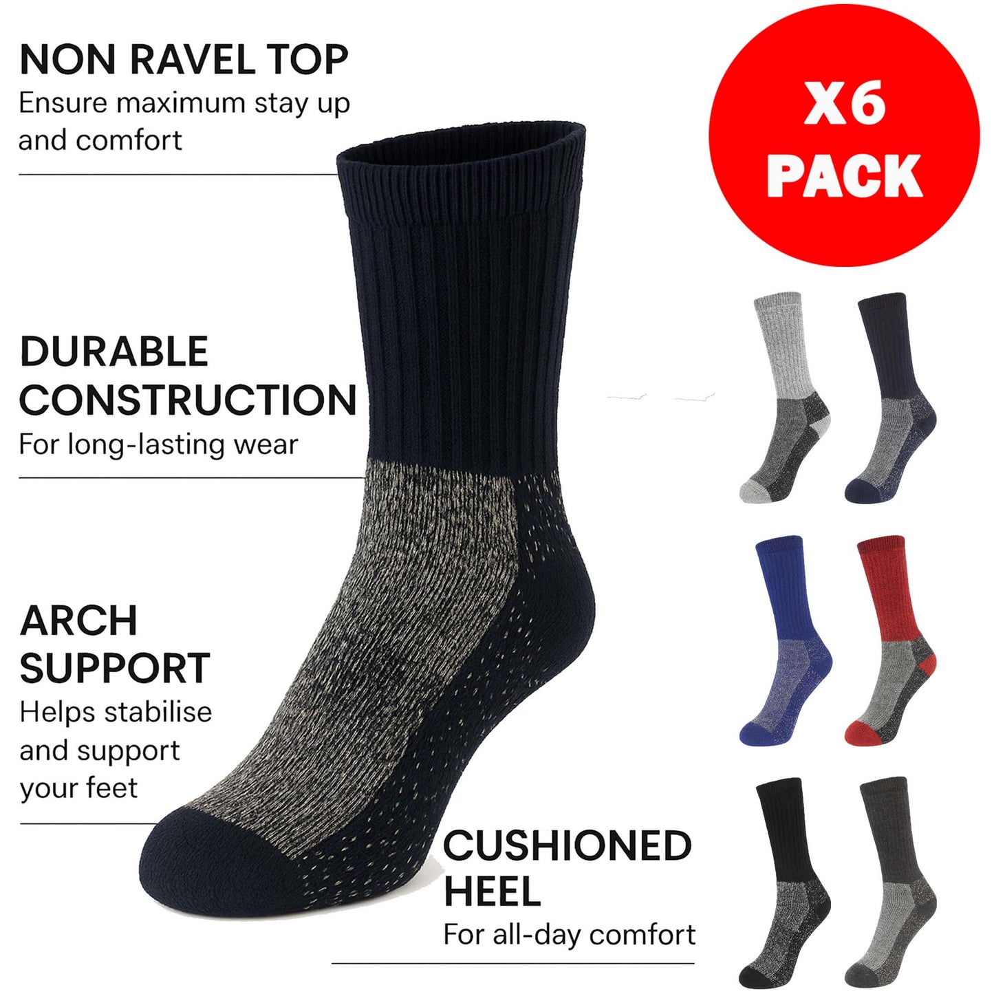Men’s Moisture-Wicking Thermal Merino Wool Socks UK 7–13 | Pack of 6