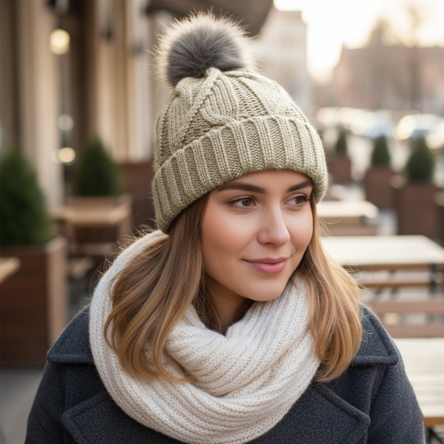 Ladies Thermal Fleece Lined Cable Knit Beanie Hat