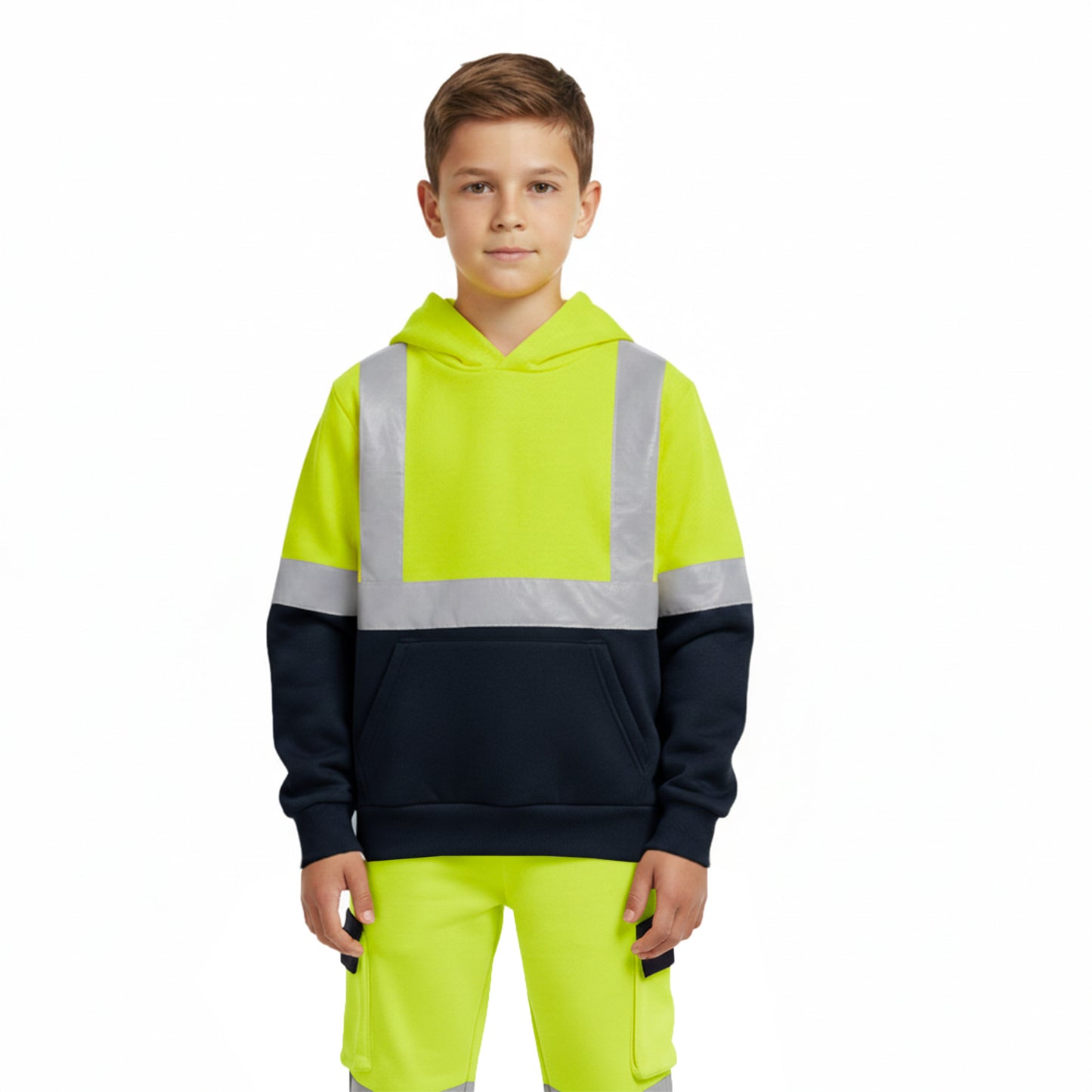 Kids Unisex Hi-Vis Reflective Pullover Hoodie | Two-Tone Safety Top