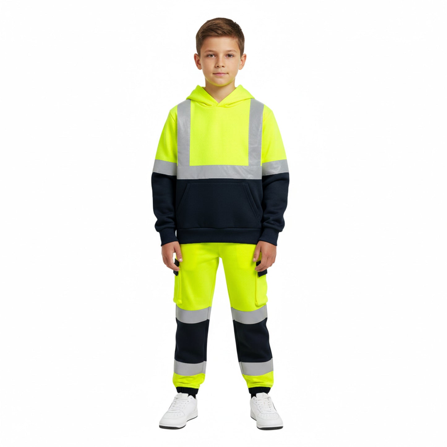 Kids Unisex Hi-Vis Reflective Pullover Hoodie | Two-Tone Safety Top