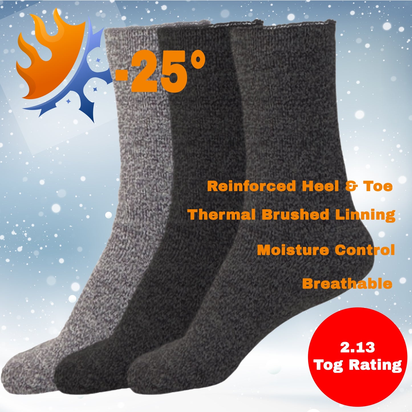 Mens 2.13 Tog Heated Fleece Lined Thermal Socks - Pack of 3