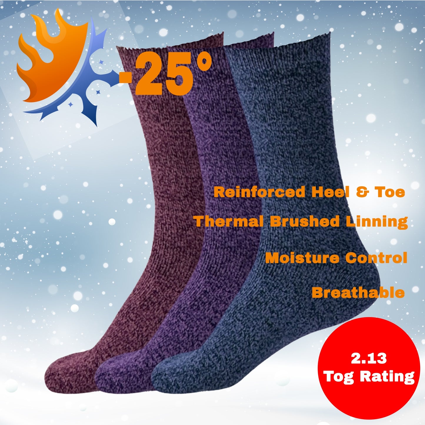 Ladies 2.13 Tog Heated Fleece Lined Thermal Socks - Pack of 3