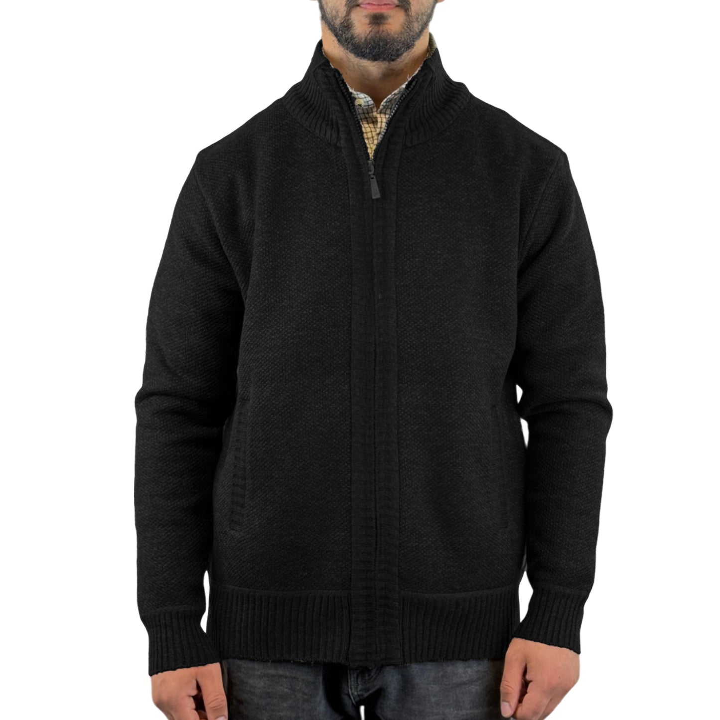 Men Knitted Fleece Lined Zip Up Cardigan