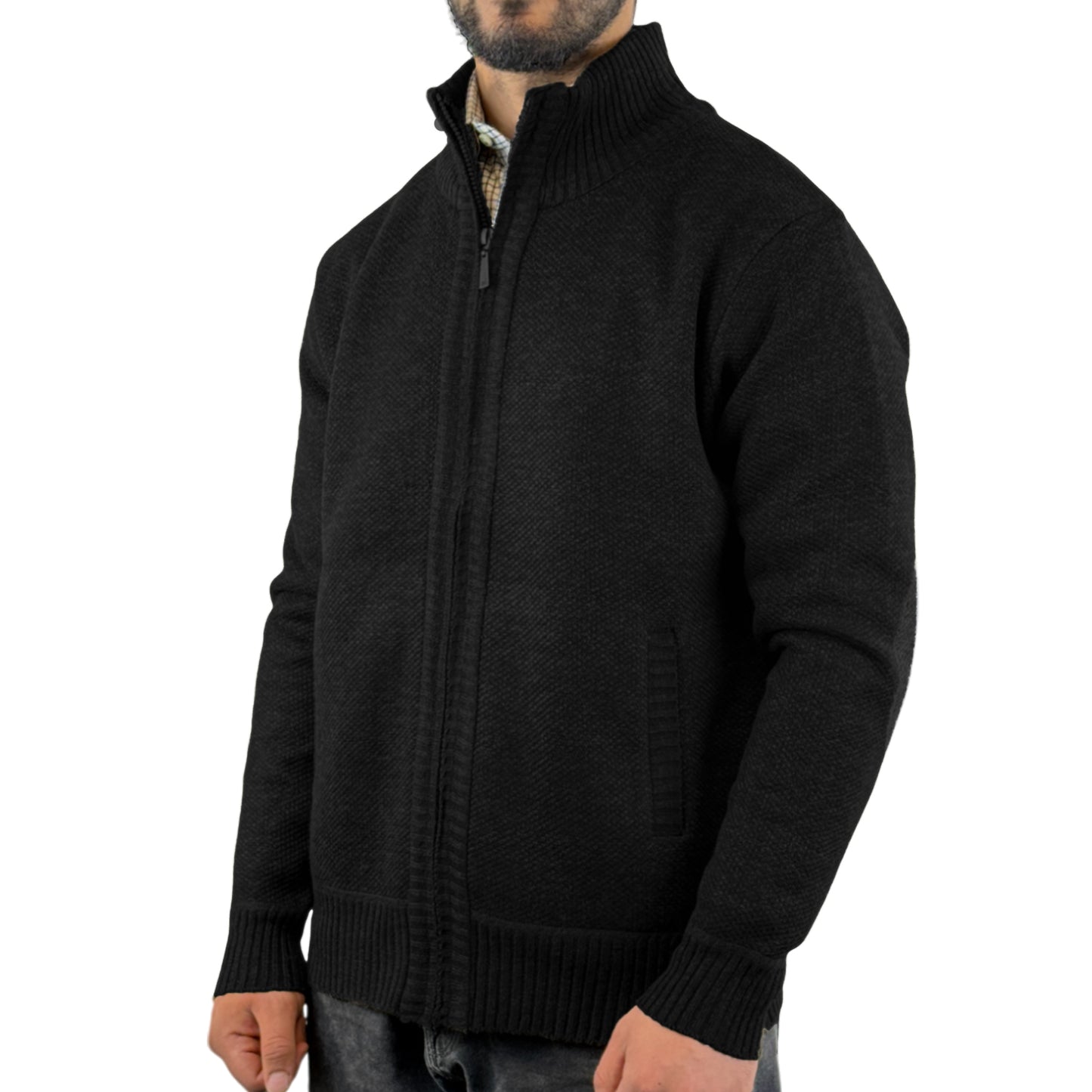 Men Knitted Fleece Lined Zip Up Cardigan