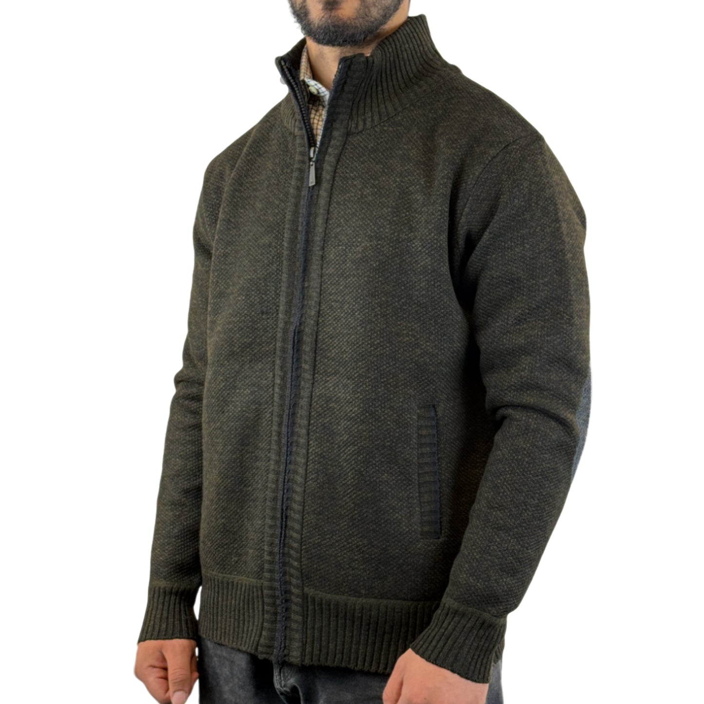 Men Knitted Fleece Lined Zip Up Cardigan