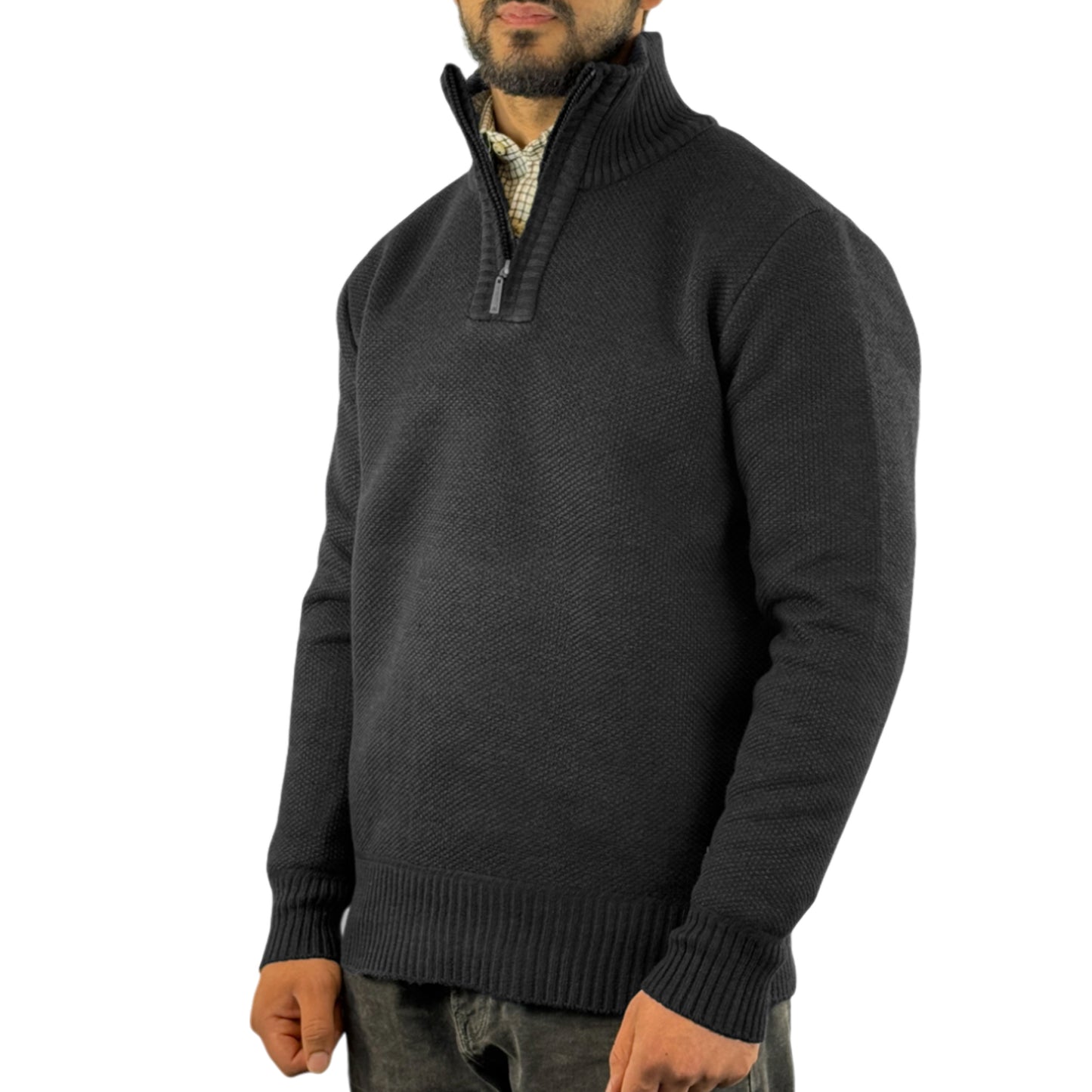 Mens Knitted Fleece Lined Zip Neck Sweater