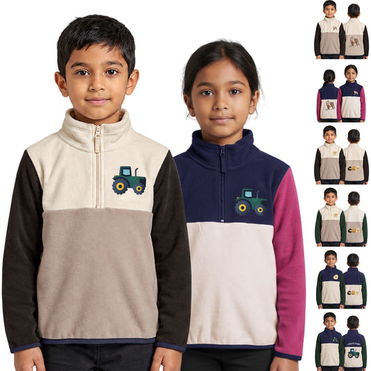 Unisex Kids' Colour-Block Quarter-Zip Embroidered Fleece Jumper