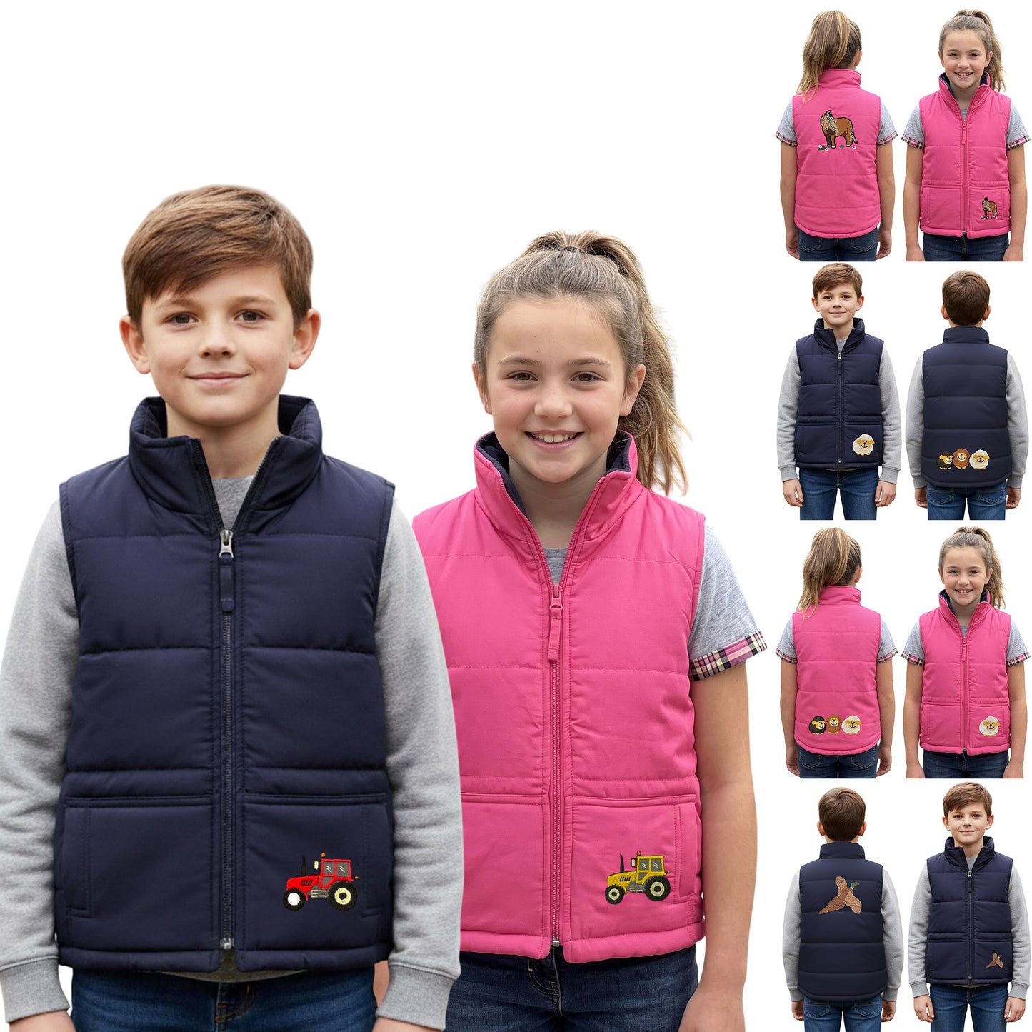 Unisex Kids Embroidered Tractor Pony Pheasant Padded Gilet