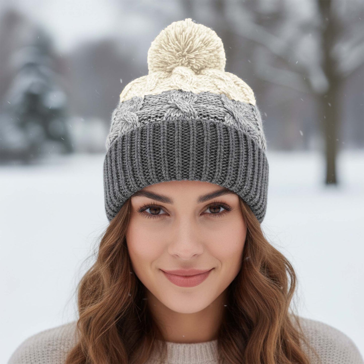Women’s Waterproof Sherpa Fleece Lined Cable Knit Bobble Beanie Hat