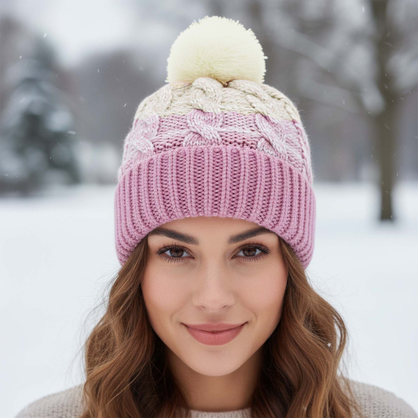 Women’s Waterproof Sherpa Fleece Lined Cable Knit Bobble Beanie Hat