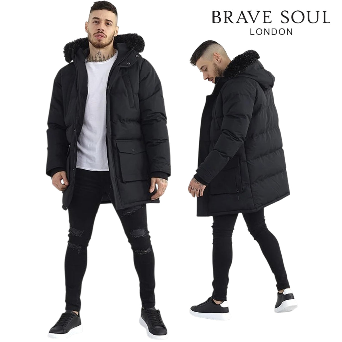Men's Jethro Longline Padded Parka Jacket | Black Faux Fur Coat
