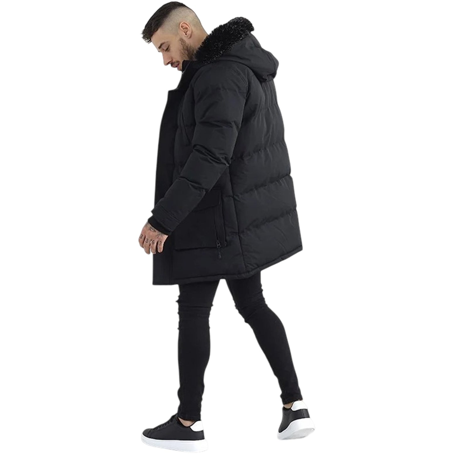 Men's Jethro Longline Padded Parka Jacket | Black Faux Fur Coat