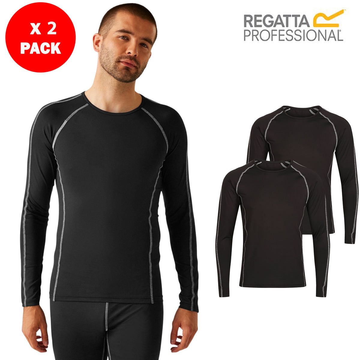 Mens Long-Sleeve Base Layer Top (2-Pack) | Stretch Thermal Tops