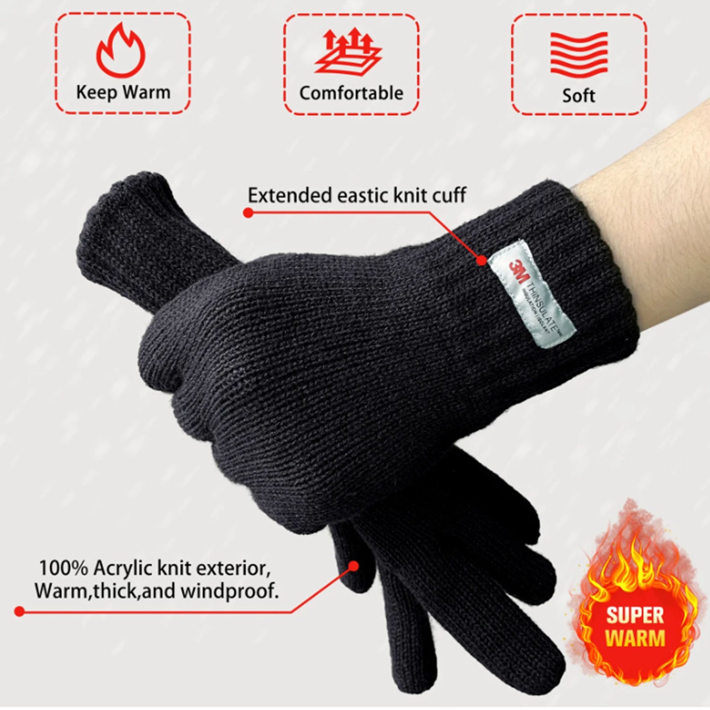 Men's Thinsulate Thermal Insulated Fleece-Lined Knitted Gloves