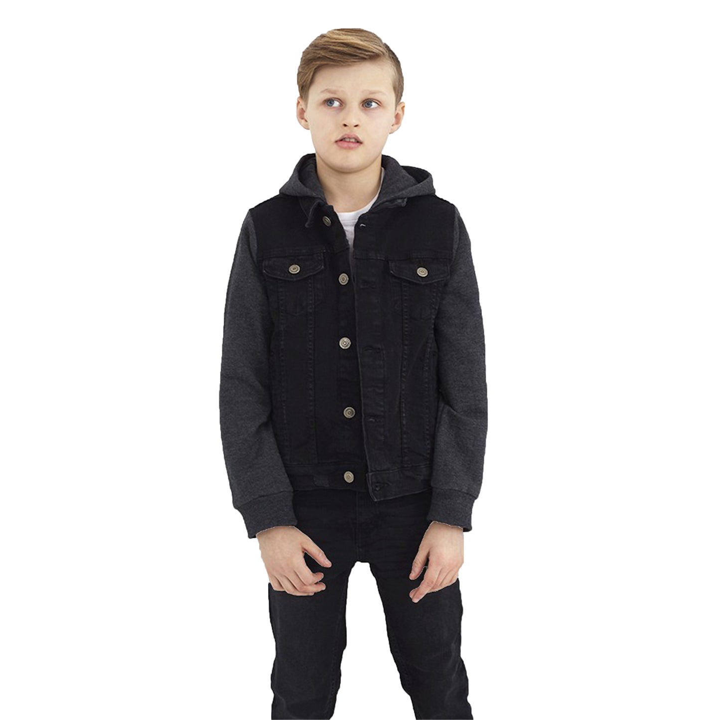 Kids Boys Cotton Denim Contrast Hooded Jacket