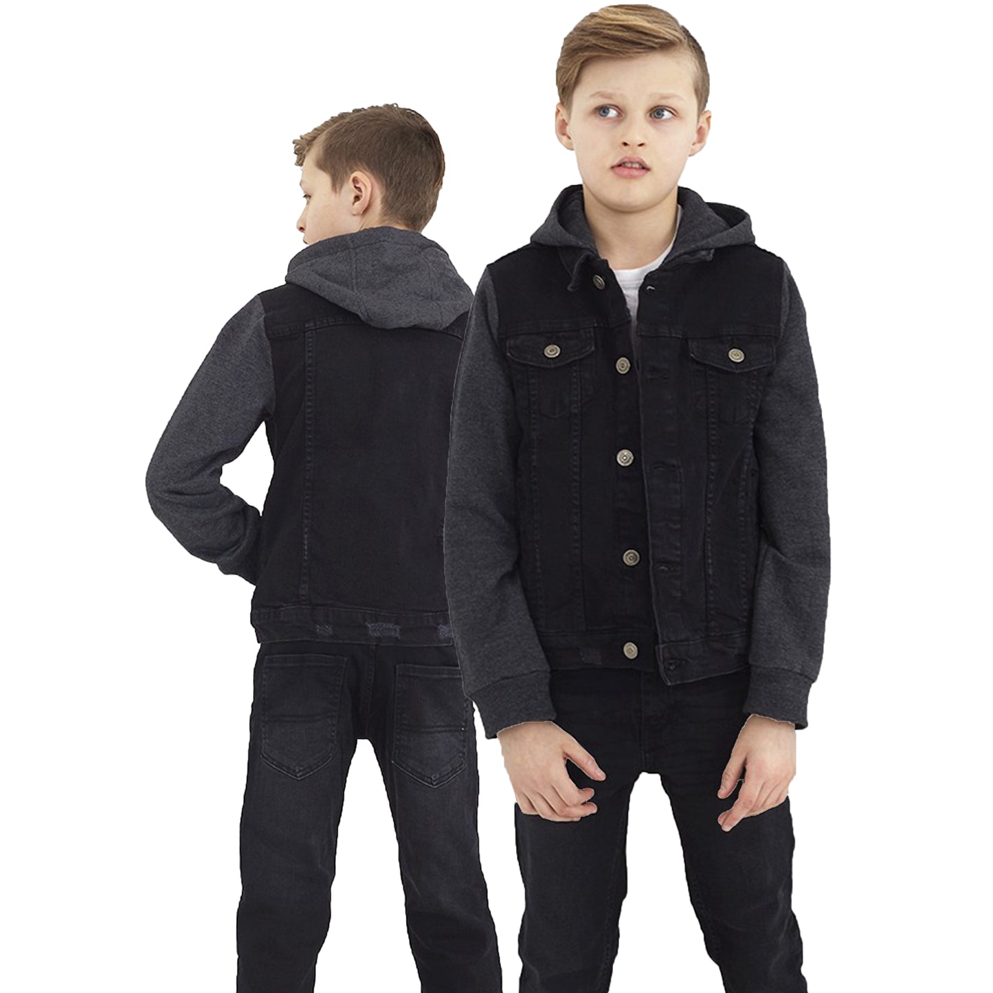 Kids Boys Cotton Denim Contrast Hooded Jacket