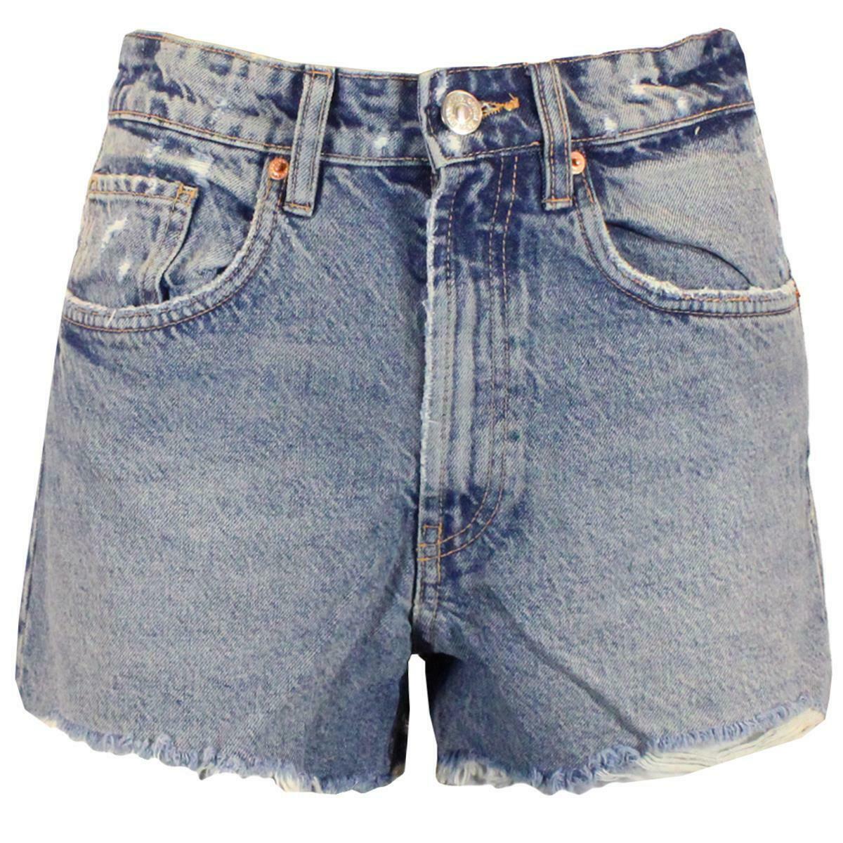 Womens Denim Shorts Hot Pants With Cut  Raw Hem - Mid Wash