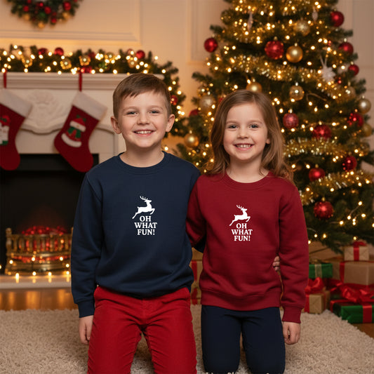 Kids Unisex “OH WHAT FUN!” Christmas Sweatshirt – Festive Novelty Jumper